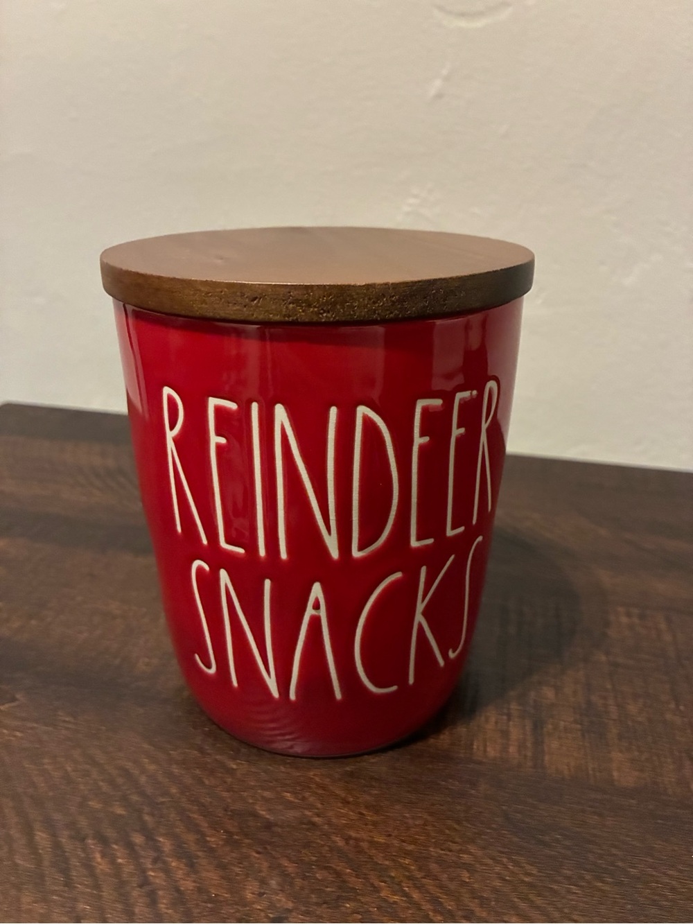 Rae Dunn Red 'Reindeer Snacks' Ceramic Canister with Wood Lid